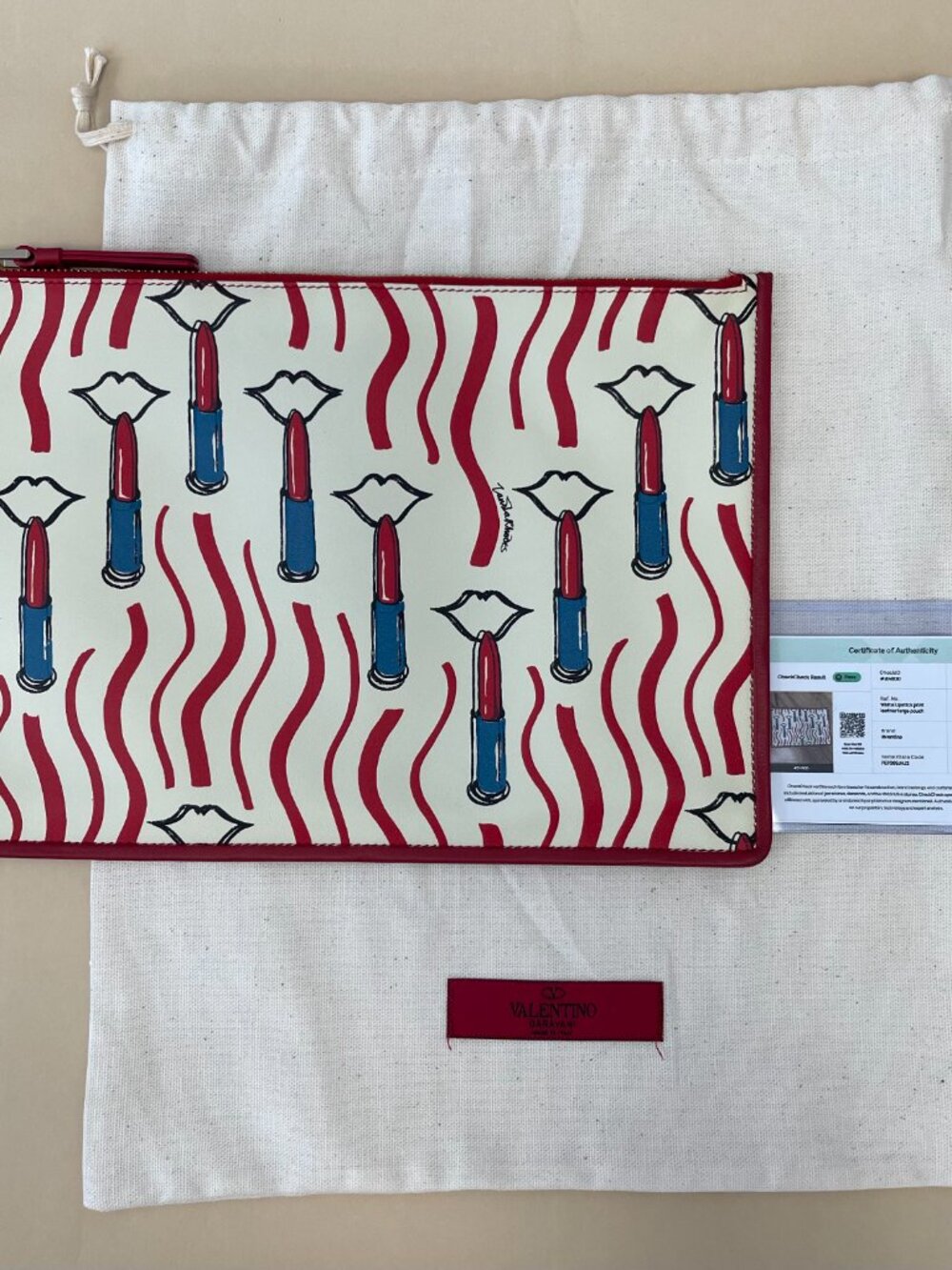 Valentino Garavani White & Red Lipstick Print Leather Large Pouch - Preowned